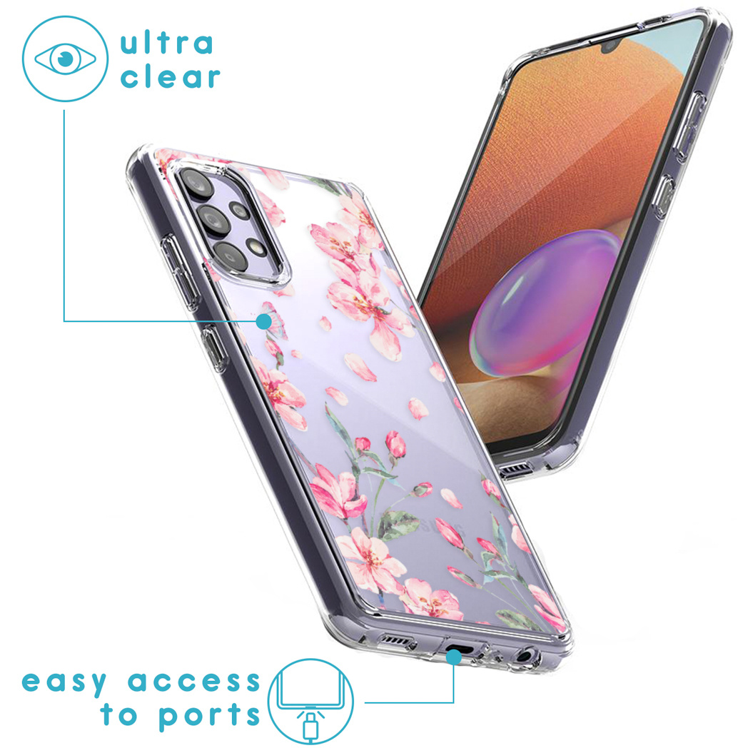 Due custodie trasparenti per telefono. Una ha un design floreale rosa. L'altra mostra il telefono. Testo: ultra trasparente, facile accesso alle porte.