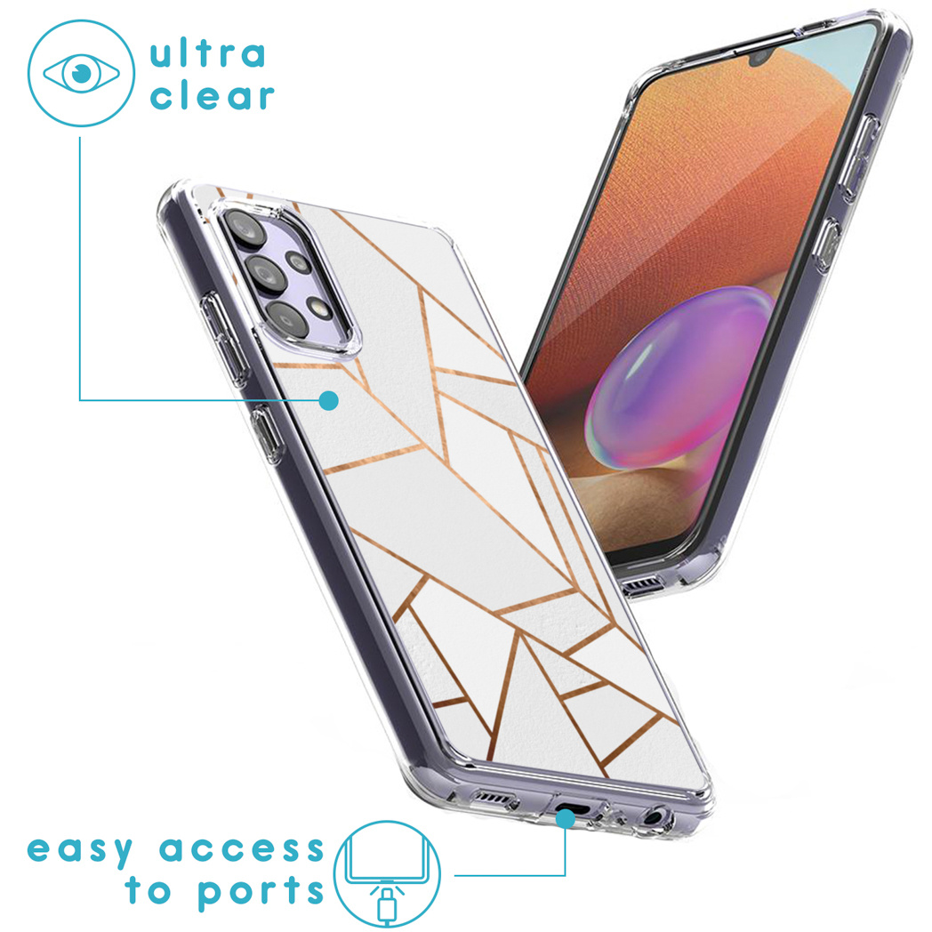 Custodia trasparente con linee geometriche dorate e un telefono che mostra un'interfaccia. Testo: ultra chiaro, facile accesso alle porte.
