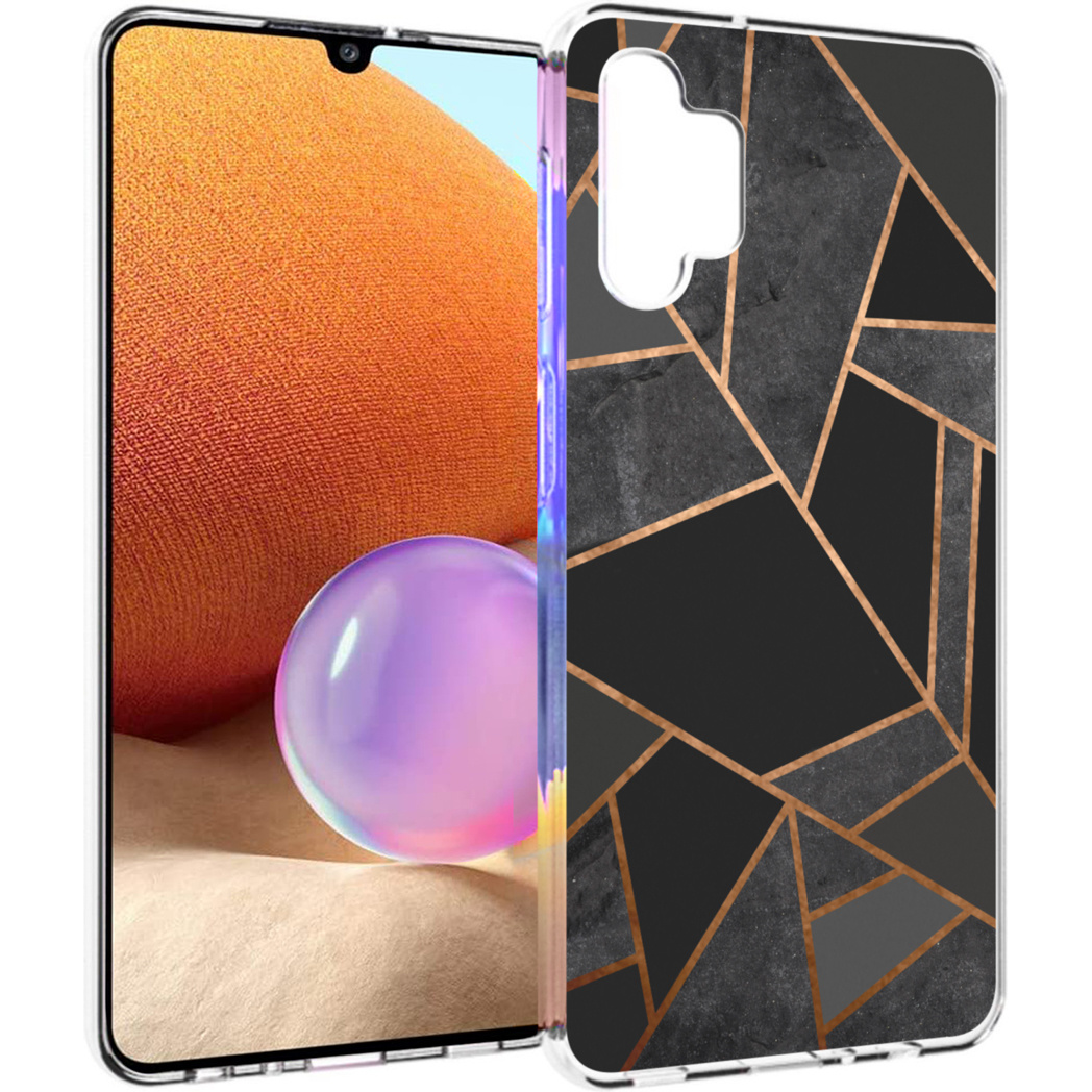 Smartphone con custodia a motivi geometrici. Lo schermo mostra uno sfondo arancione e una sfera viola.