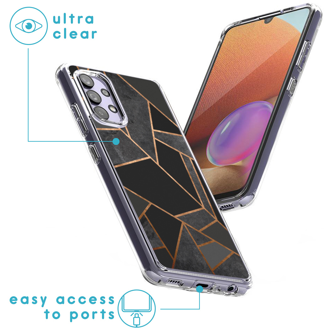 Due telefoni Samsung con custodie protettive. Uno ha un design geometrico nero, l'altro è trasparente.