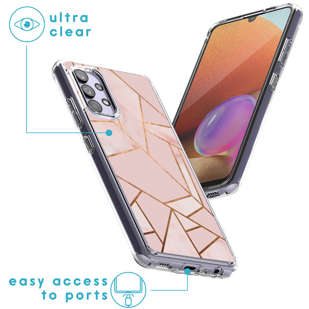 Due smartphone con custodie trasparenti. Uno ha un design in marmo rosa, l'altro mostra lo schermo. Testo: Ultra chiaro, facile accesso alle porte.
