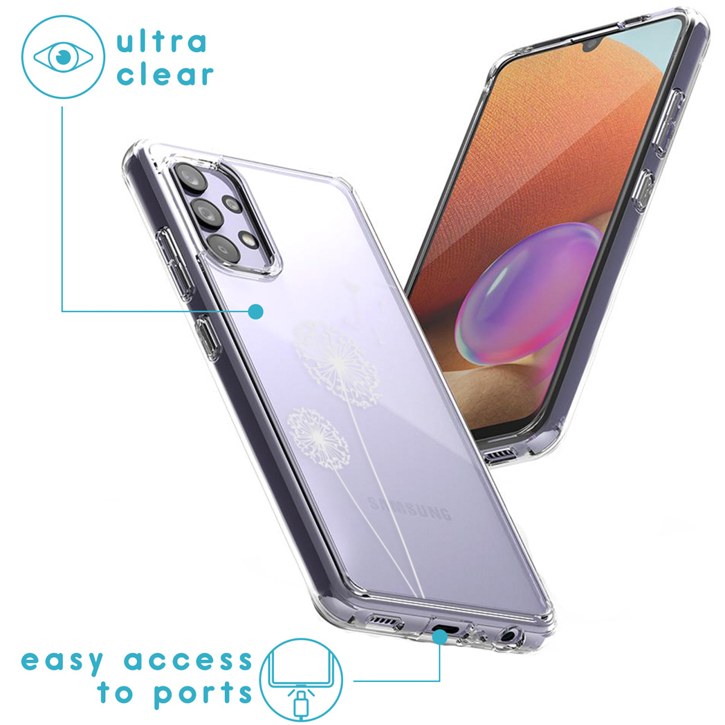 Custodia trasparente con telefono all'interno. La custodia ha un design di dente di leone. Il testo dice 'ultra trasparente' e 'facile accesso alle porte'.