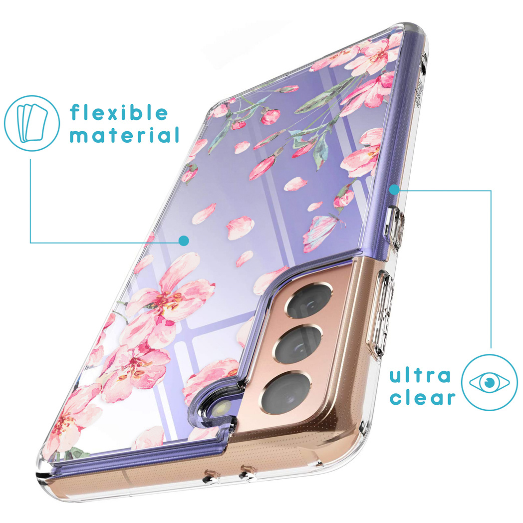 Coque de téléphone transparente avec motif floral rose. Elle a un fond dégradé violet et des bords dorés. Texte indique 'matériau flexible' et 'ultra clair'.