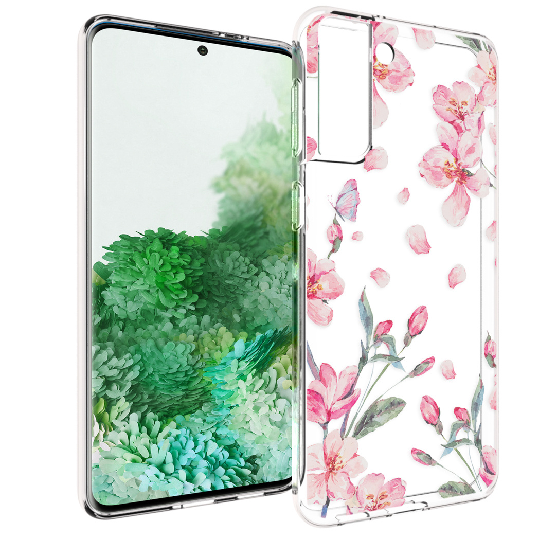 Un smartphone avec une coque florale. La coque a des fleurs roses, un papillon et des feuilles vertes. L'écran affiche une plante verte.