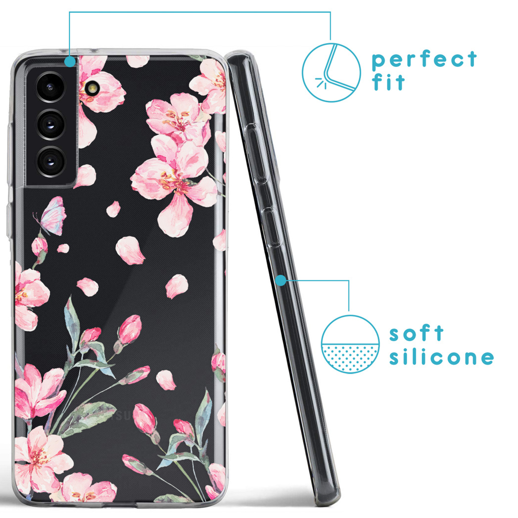 Une coque de téléphone avec un motif floral rose sur fond noir, à côté du téléphone. Étiquettes de texte : ajustement parfait et silicone souple.