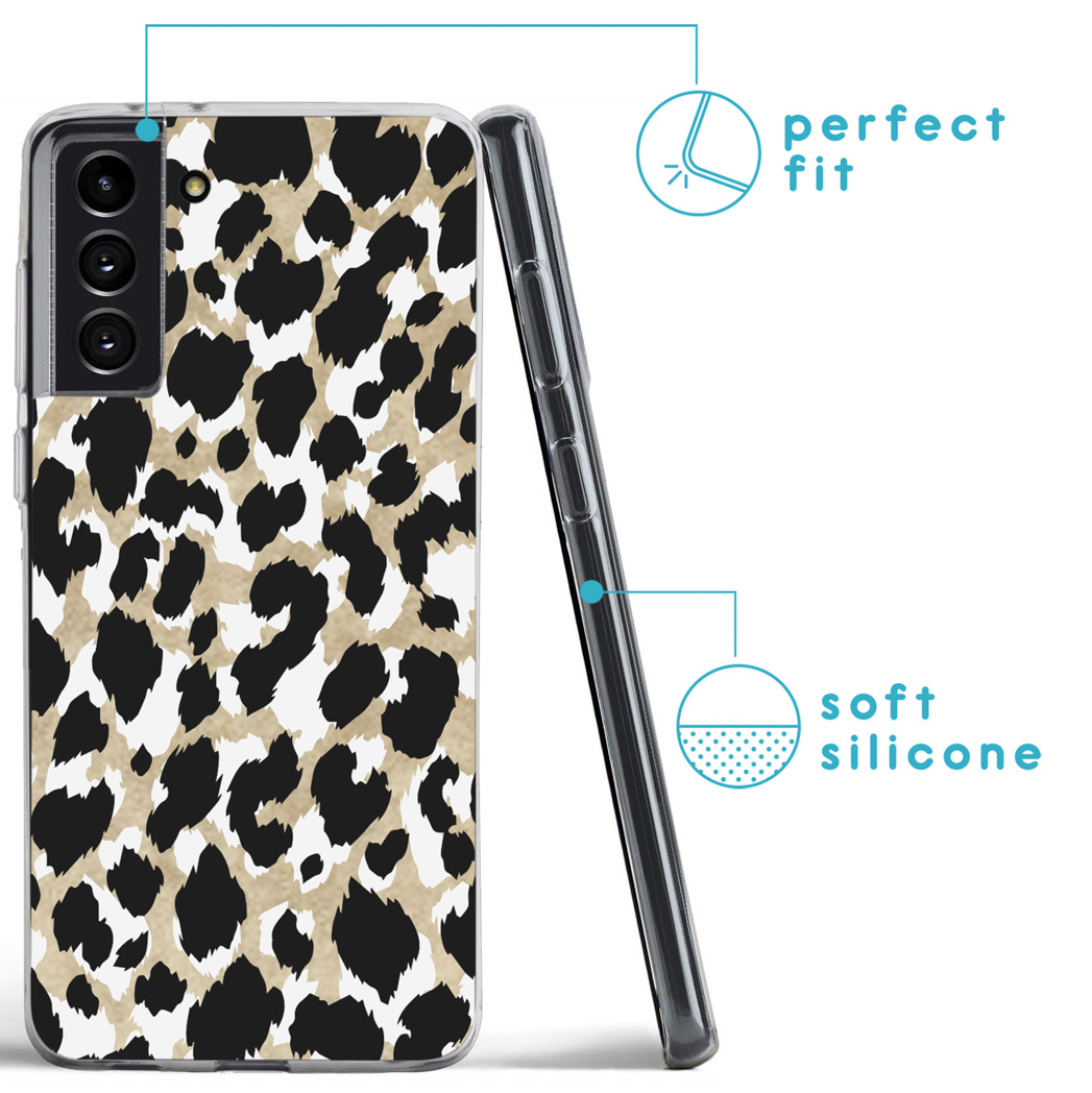Coque de téléphone avec un motif léopard. La coque est transparente et montre l'appareil photo du téléphone. Le texte indique un ajustement parfait et du silicone souple.