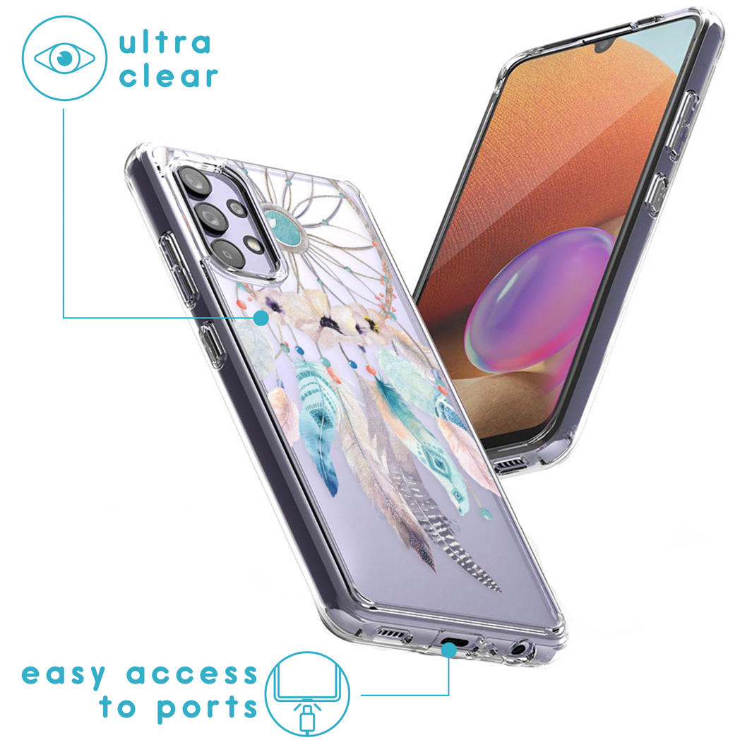 Due telefoni, uno con custodia acchiappasogni, l'altro mostra lo schermo. Il testo indica ultra chiaro e facile accesso alle porte.
