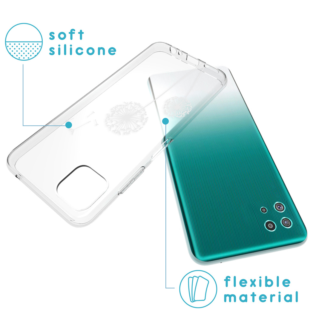 È mostrata una custodia trasparente per telefono con retro sfumato verde. È realizzata in silicone morbido e materiale flessibile.