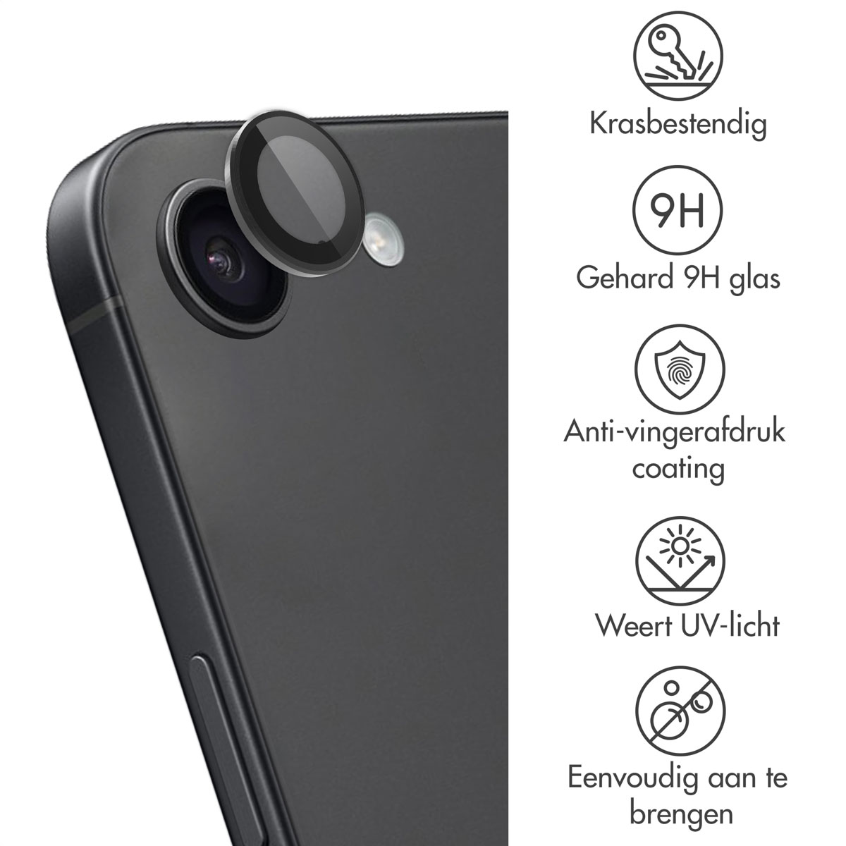 Un téléphone noir avec un protecteur d'objectif. Le texte à droite décrit la résistance aux rayures, le verre 9H et la protection UV.