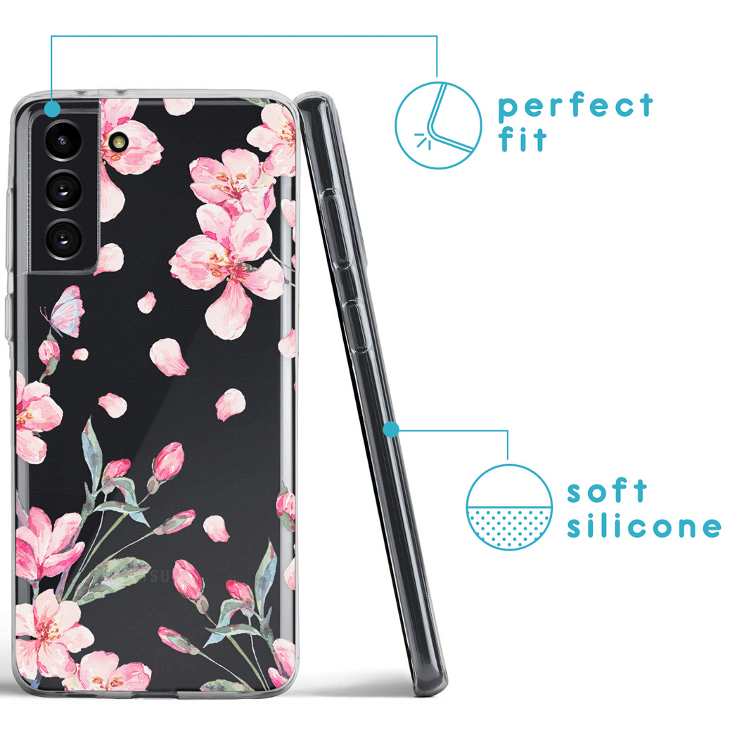 Una custodia per telefono con un design floreale rosa su nero. Caratteristiche includono vestibilità perfetta e silicone morbido. La custodia è accanto a un'altra.