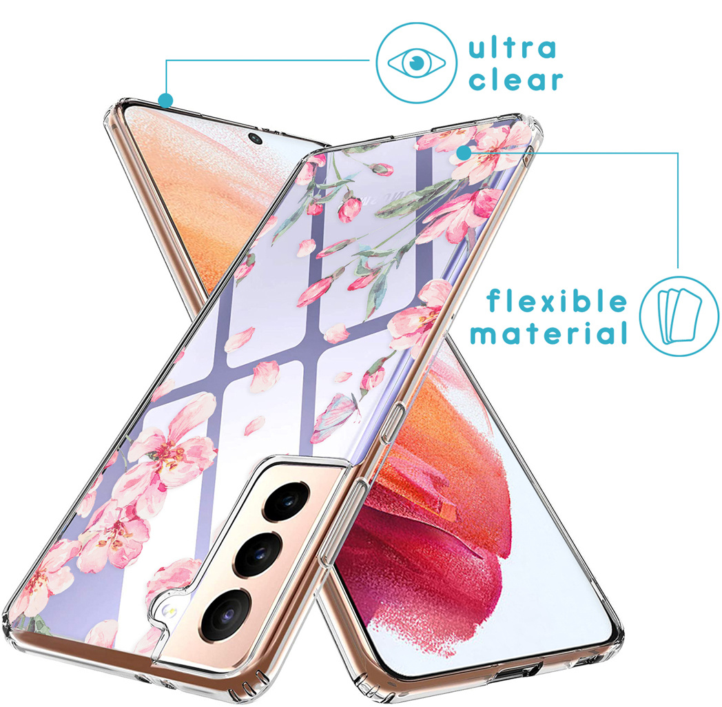 Custodia trasparente per telefono con design floreale. La custodia è posizionata su un telefono, visibile sullo sfondo. Il testo indica che è ultra trasparente.
