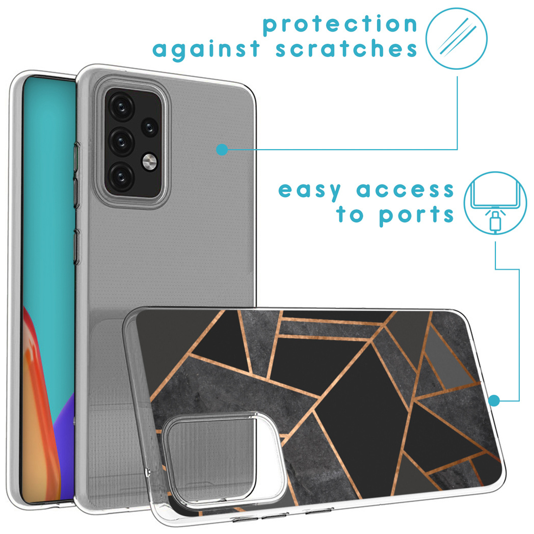 Una custodia per telefono con un design geometrico. Mostra un telefono, una custodia trasparente e un'altra con un motivo nero e oro.