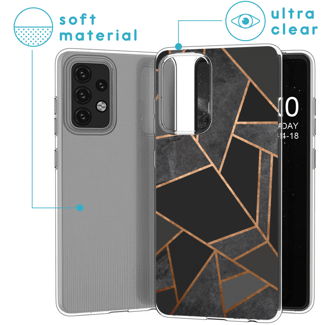 Tre custodie per telefono. Una trasparente, un'altra nera con motivo geometrico dorato e un telefono con la data sullo schermo.
