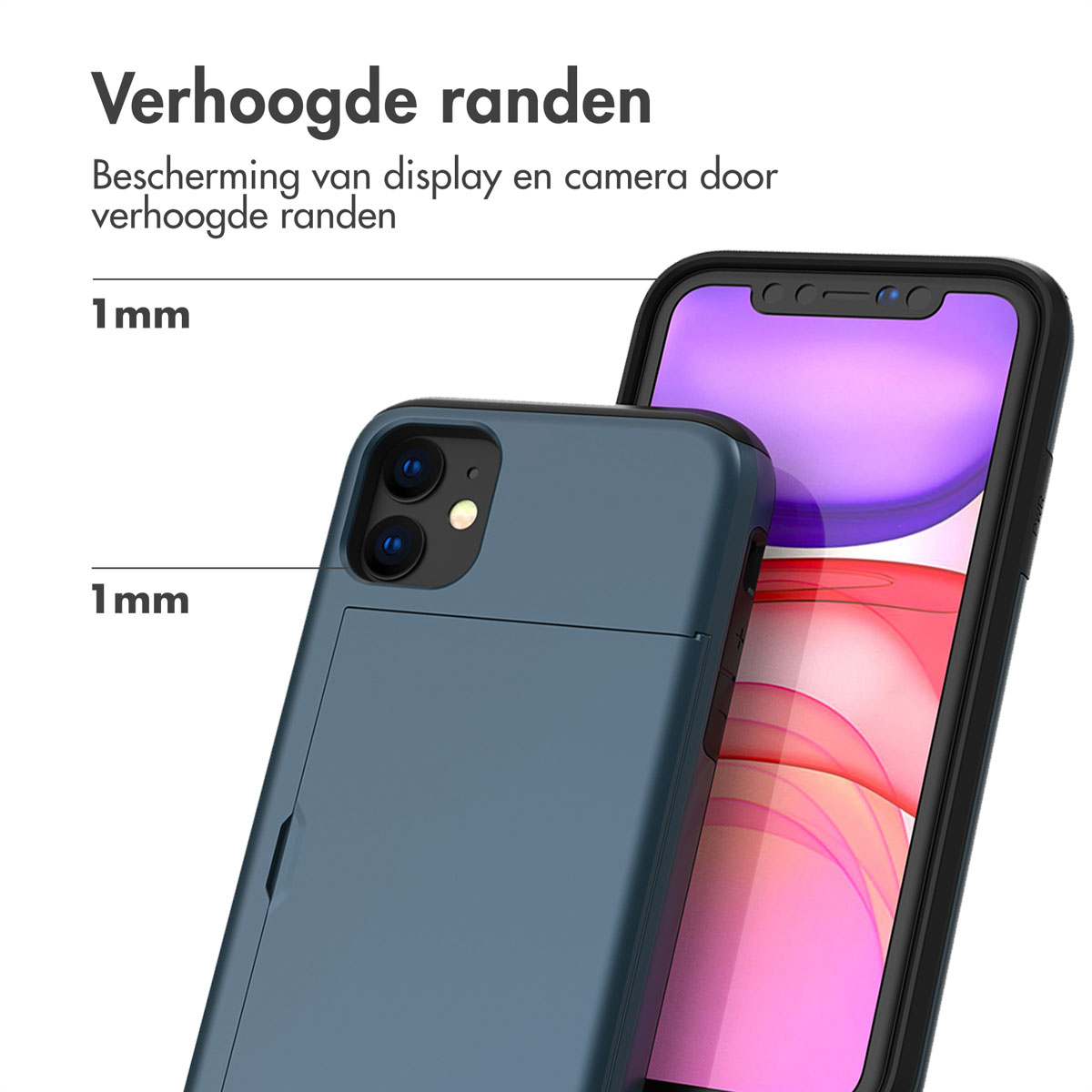 Een telefoon in een blauwe hoes wordt getoond, met tekst die verhoogde randen aangeeft voor scherm- en camerabescherming. 1 mm-metingen zijn zichtbaar.