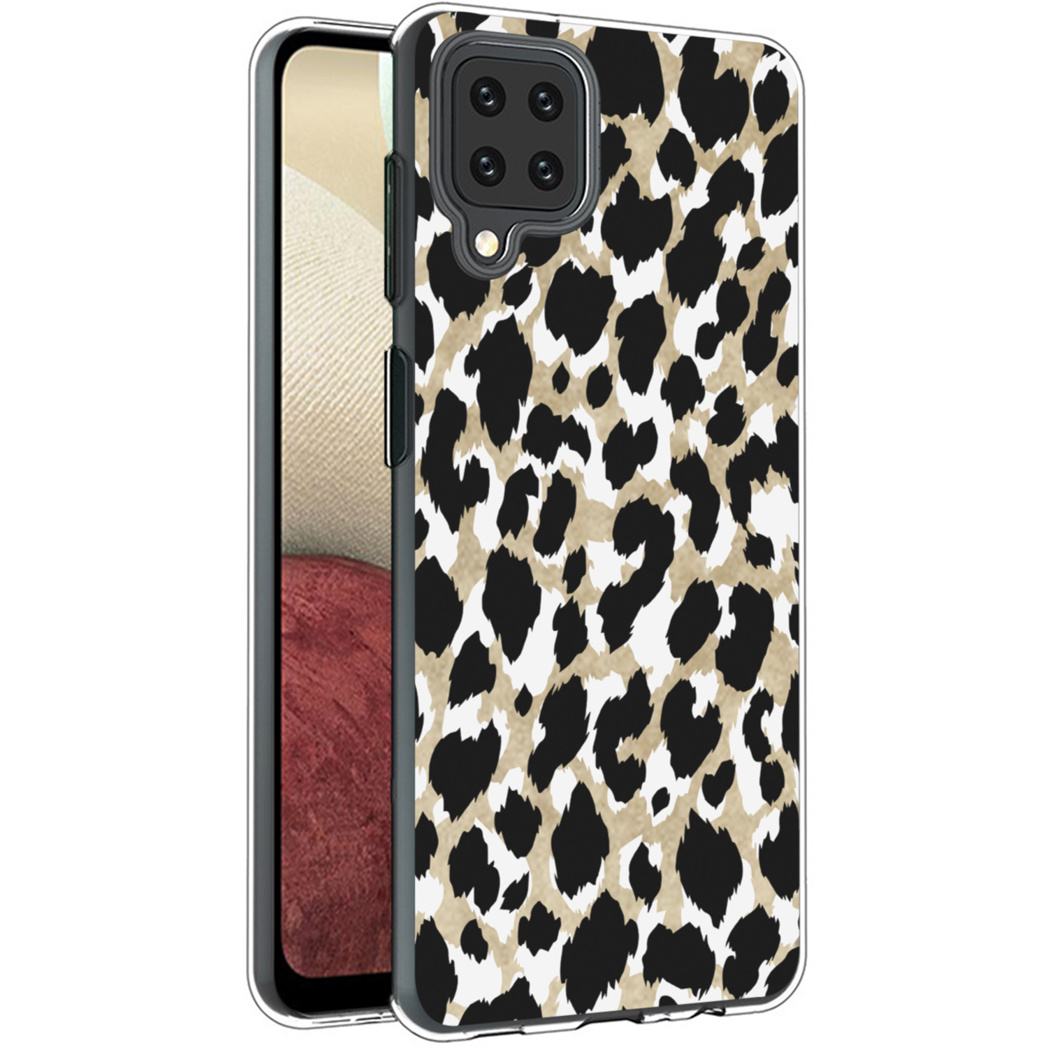 Coque de smartphone à imprimé léopard. Taches noires sur fond beige et blanc. Le téléphone est visible à gauche.