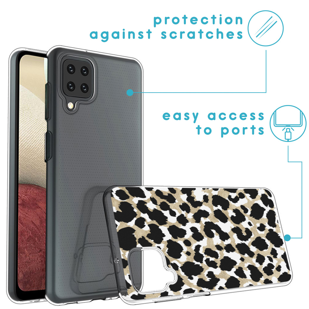 Coque de téléphone avec imprimé léopard et dos transparent. Protège des rayures et facilite l'accès aux ports.