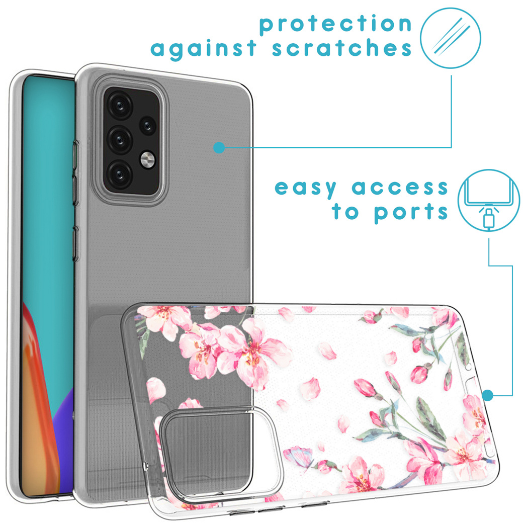 Una custodia trasparente per telefono con design floreale rosa, che mostra protezione dai graffi e facile accesso alle porte.