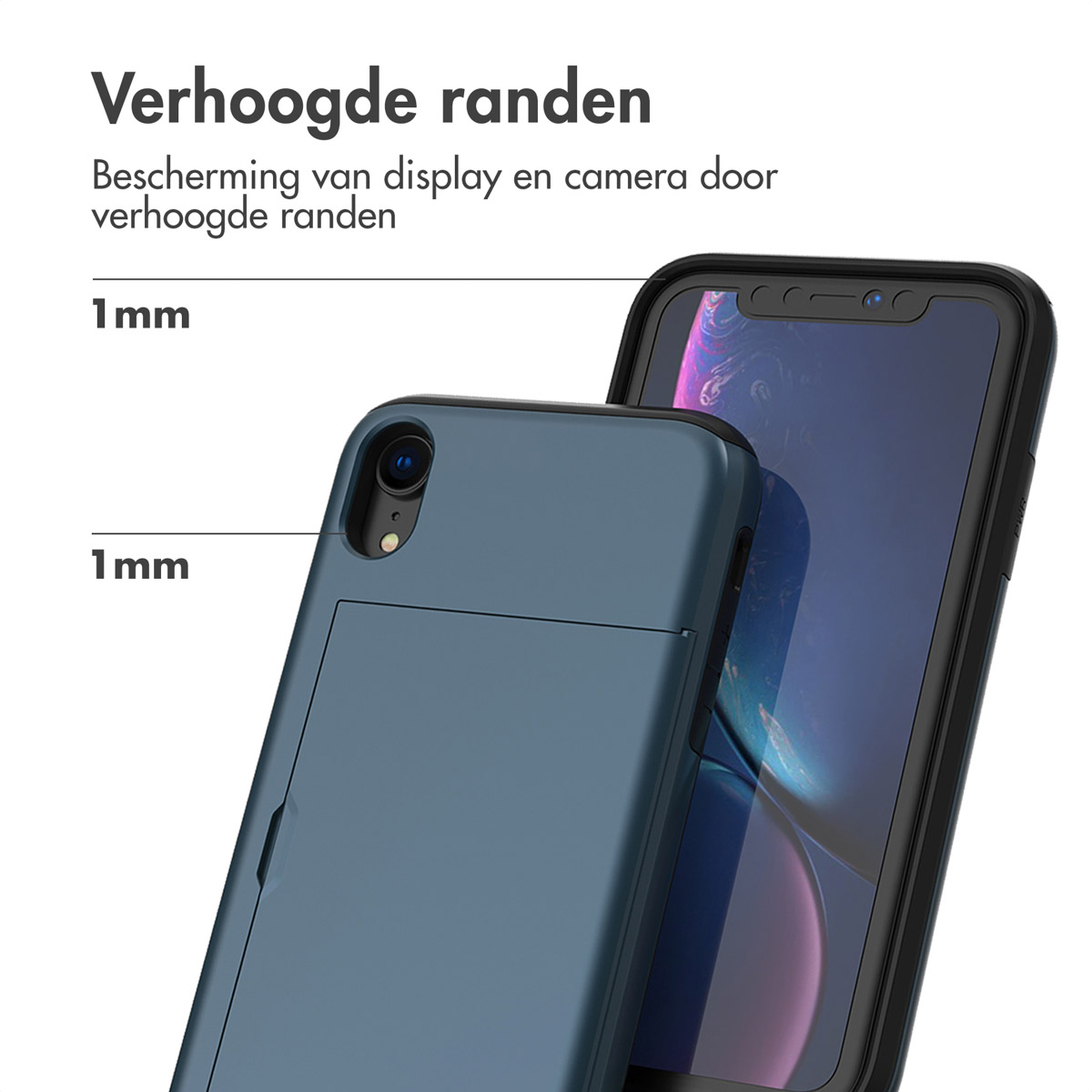 Telefoonhoesje met verhoogde randen, beschermt scherm en camera. De hoes is blauw, met een zwarte telefoon erin. Tekst geeft 1mm randhoogte aan.
