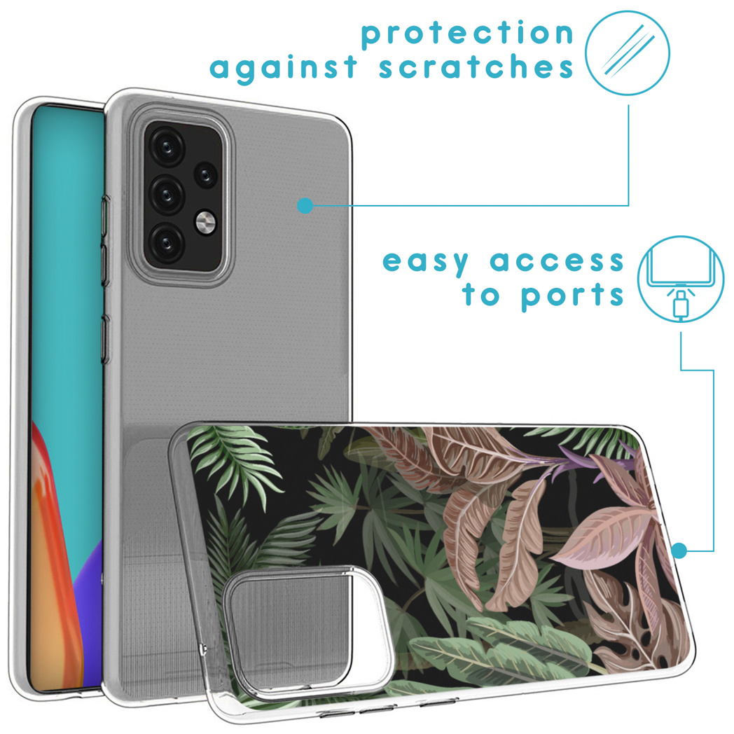 Un telefono con custodia floreale, vengono mostrati due telefoni. Uno è trasparente. Il testo indica protezione dai graffi e facile accesso alle porte.