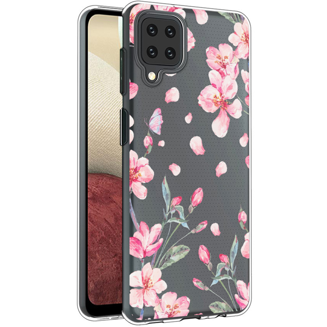 Telefoonhoesje met roze bloemen op donkergrijze achtergrond. Inclusief vlinder, bloemen en telefooncamera.