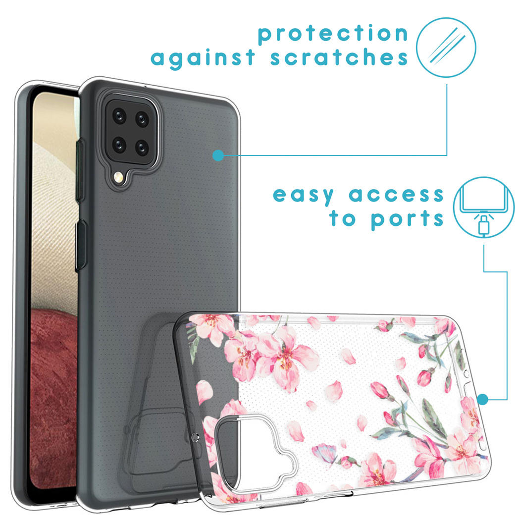Een smartphonehoesjesset. Een grijze hoes met een telefoon erin en een transparante hoes met roze bloemdesign, met beschrijvingen.