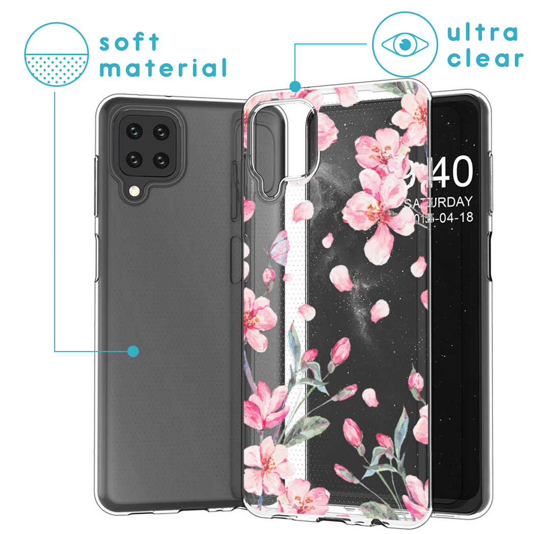 Drie telefoonhoesjes, één met bloemen, één effen grijs en één met het telefoonscherm. Tekst geeft "zacht materiaal" aan.