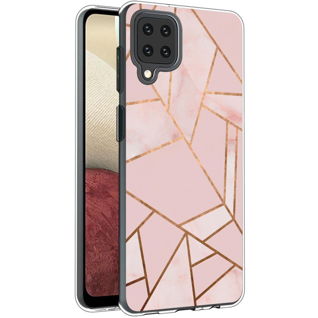 Een roze telefoonhoesje met gouden geometrische lijnen. Het zit op een telefoon. Het scherm van de telefoon is zichtbaar.