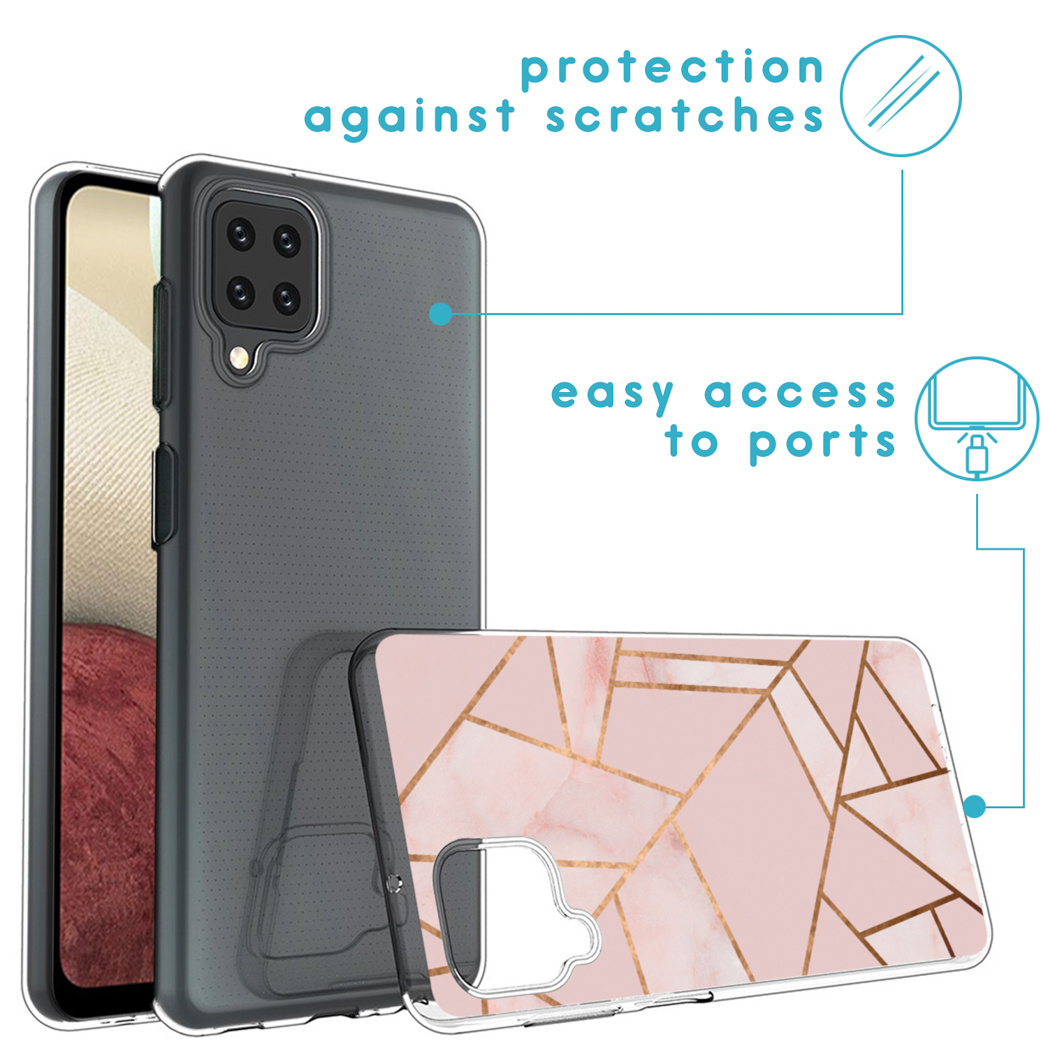 Een smartphonehoesje met een roze marmer ontwerp, een grijze hoes en een telefoon. Tekst benadrukt bescherming en gemakkelijke toegang tot poorten.