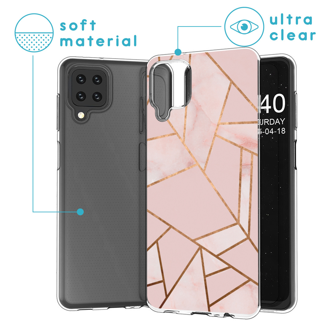 Drie telefoonhoesjes: transparant, roze marmerdesign met gouden lijnen en zwarte telefoon. Tekst: 'zacht materiaal' en 'ultra helder'.