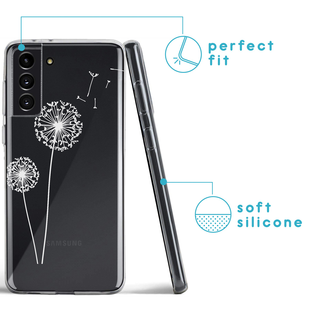 Una custodia per telefono nera con un motivo di dente di leone bianco. La custodia è etichettata 'perfect fit' e 'soft silicone'.