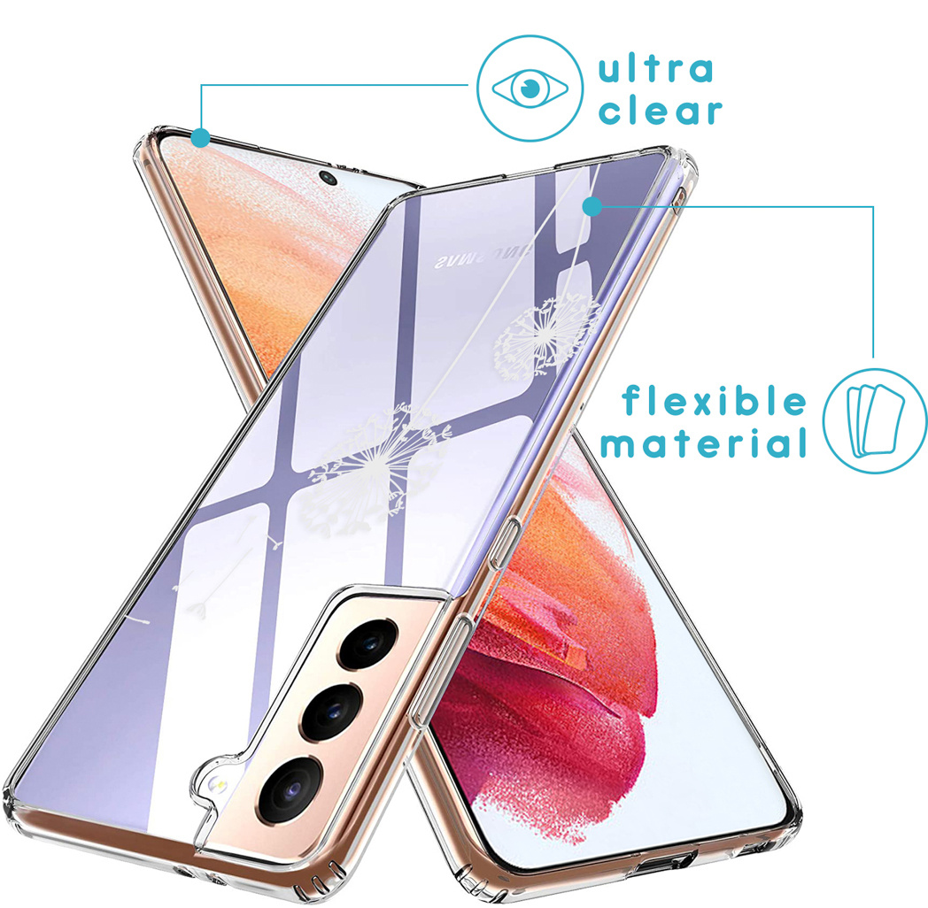 Custodia trasparente per telefono con design a soffione. La custodia è su un telefono, mostrando le sue proprietà ultra chiare e flessibili.