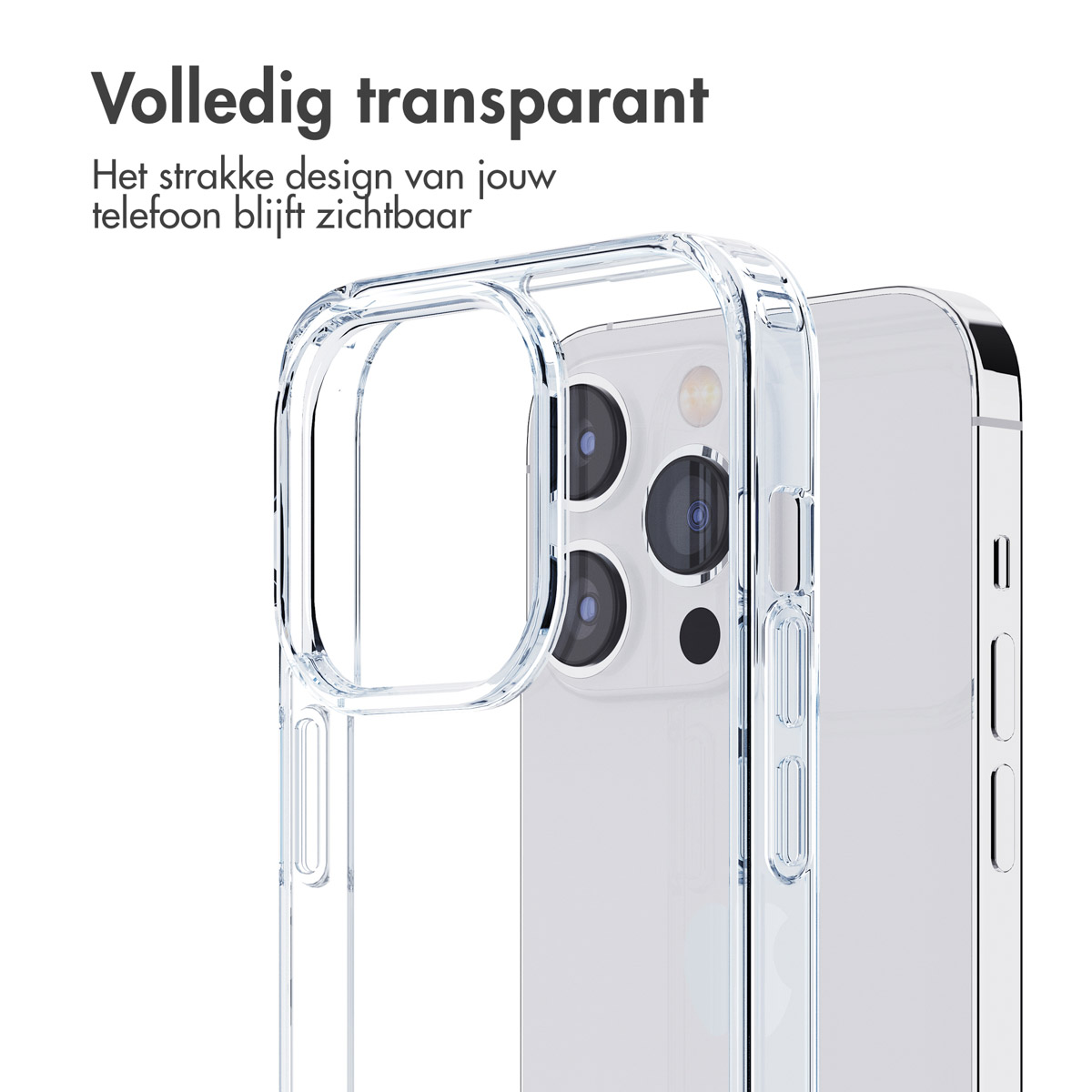 Una custodia trasparente per telefono circonda un telefono argentato. La custodia è trasparente e mostra il design del telefono. Testo in alto: trasparente.