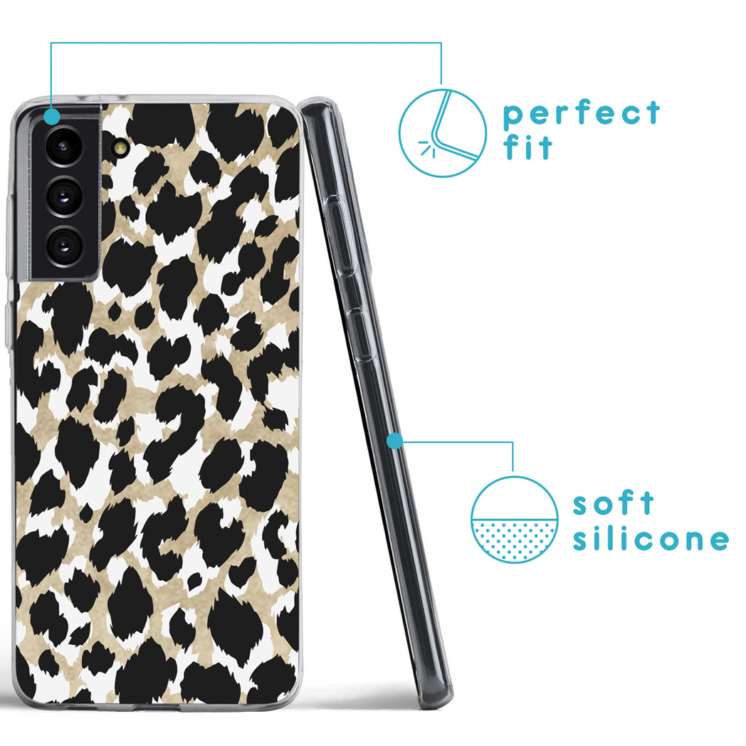 Una custodia per telefono con un motivo a stampa leopardata. Il design presenta macchie nere su sfondo beige. La custodia è in silicone morbido.