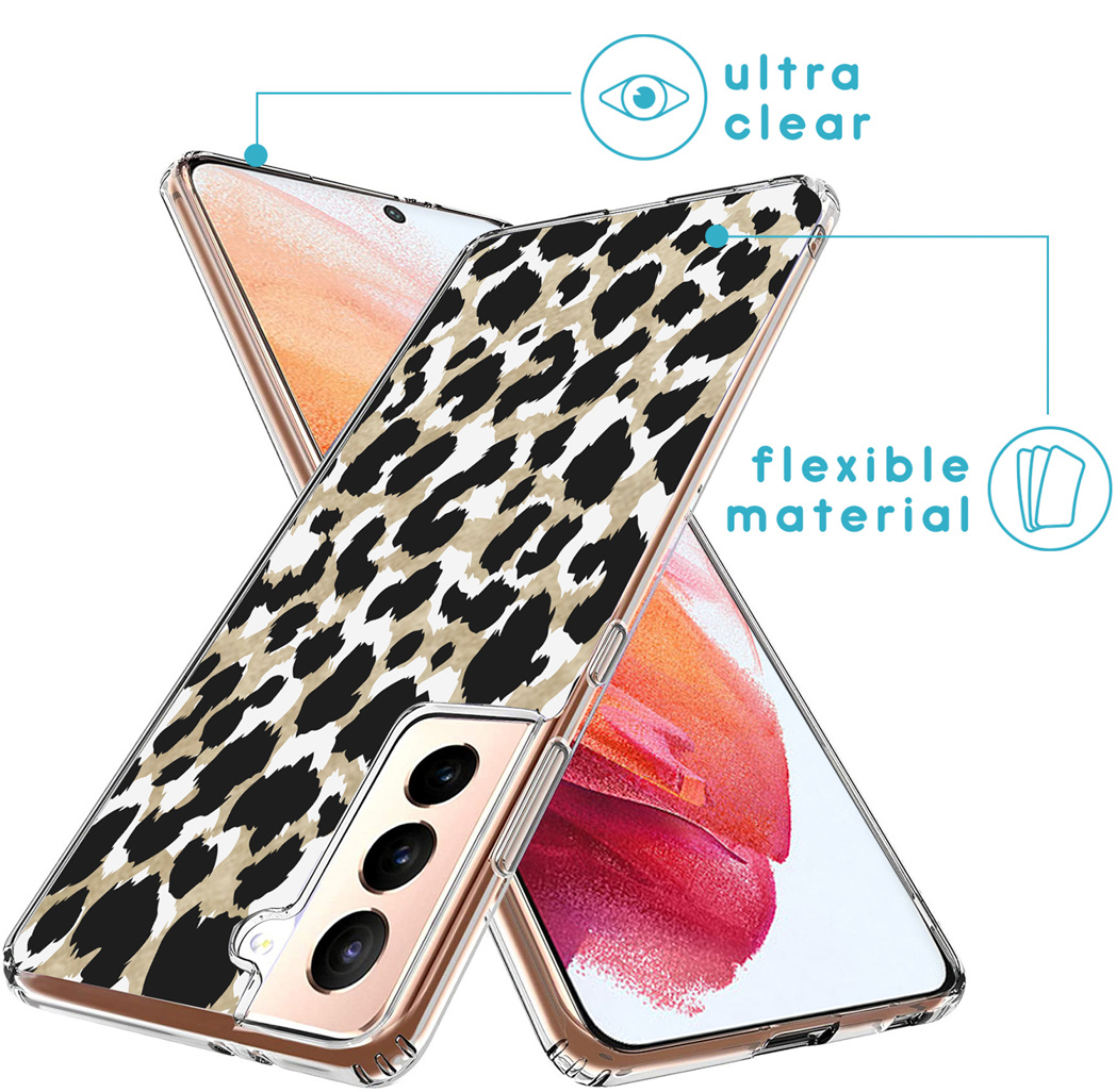 Due smartphone con custodie con stampa leopardata. Il testo indica materiale ultra trasparente e flessibile.