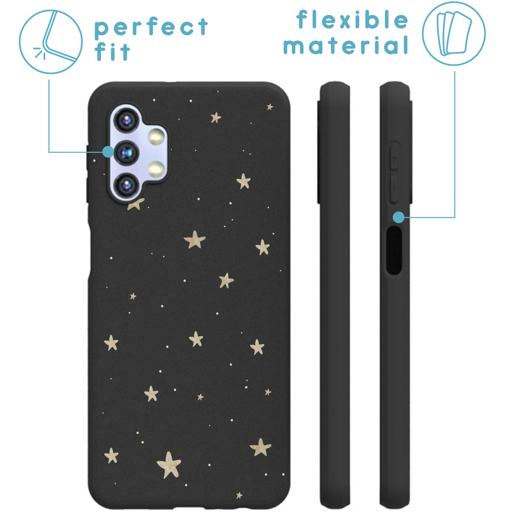 Custodia nera per telefono con stelle dorate. Ha una vestibilità perfetta e materiale flessibile. Vista laterale mostra pulsanti.