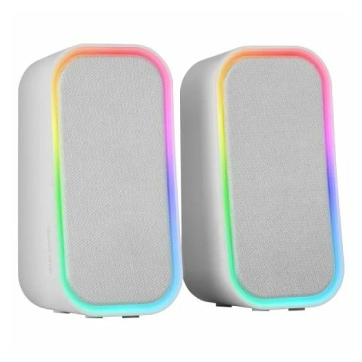 Due altoparlanti bianchi con bordi LED arcobaleno. Gli altoparlanti sono rettangolari con angoli arrotondati e griglia grigia.