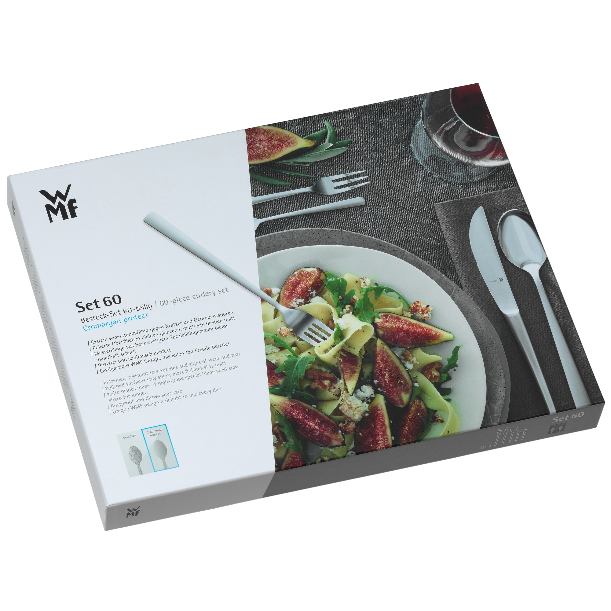 Eine Besteckbox mit einem Teller mit Essen und Besteck rechts. Die Box hat Text und ein Logo.