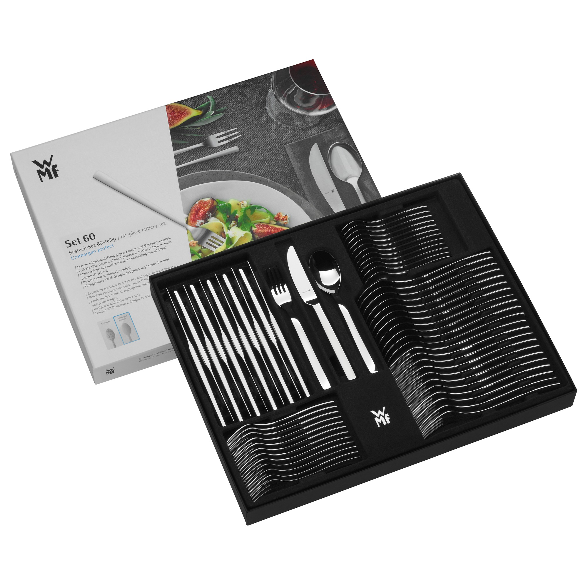 Ein 60-teiliges Besteckset in einer schwarzen Box. Enthält Messer, Gabeln, Löffel und Servierutensilien mit Feigensalat.