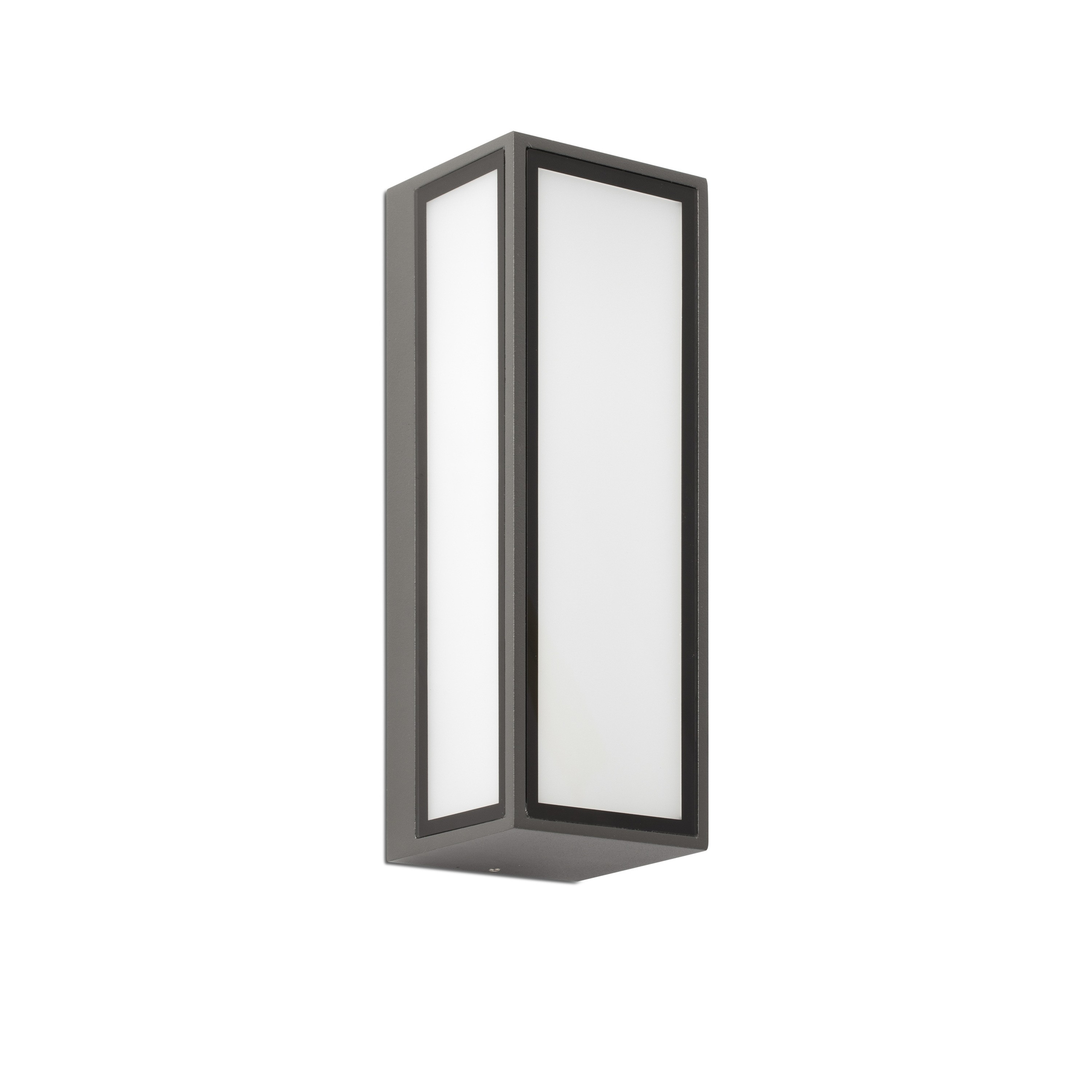 Un apparecchio di illuminazione rettangolare per esterni con cornice grigio scuro e due pannelli luminosi bianchi.