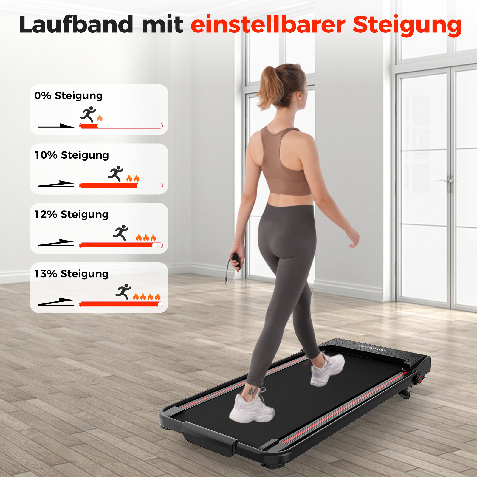 Eine Frau geht auf einem Laufband. Im Hintergrund sind Illustrationen mit verschiedenen Steigungen und Laufmänner-Symbolen.