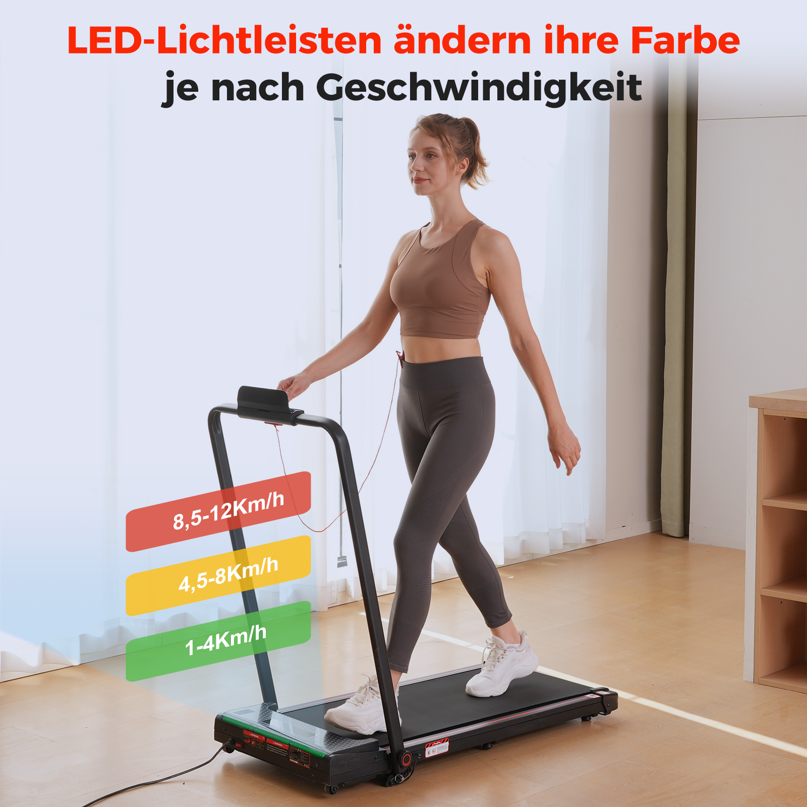 Frau auf einem Laufband. Geschwindigkeitsanzeigen sind in Rot, Gelb und Grün dargestellt. Der Text oben sagt: LED-Leuchten ändern die Farbe.