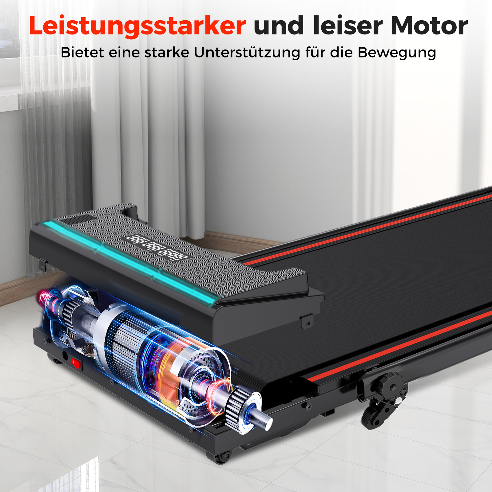 Laufband mit freiliegendem Motor. Schwarze Lauffläche. Der Text oben lautet 'Leistungsstarker und leiser Motor'.