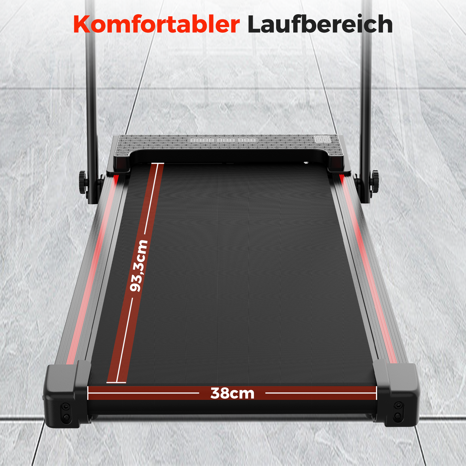 Ein Laufband mit schwarzer Lauffläche und roter Verkleidung. Abmessungen sind mit 93,3 cm x 38 cm angegeben. Der Text 'Komfortabler Laufbereich' steht oben.