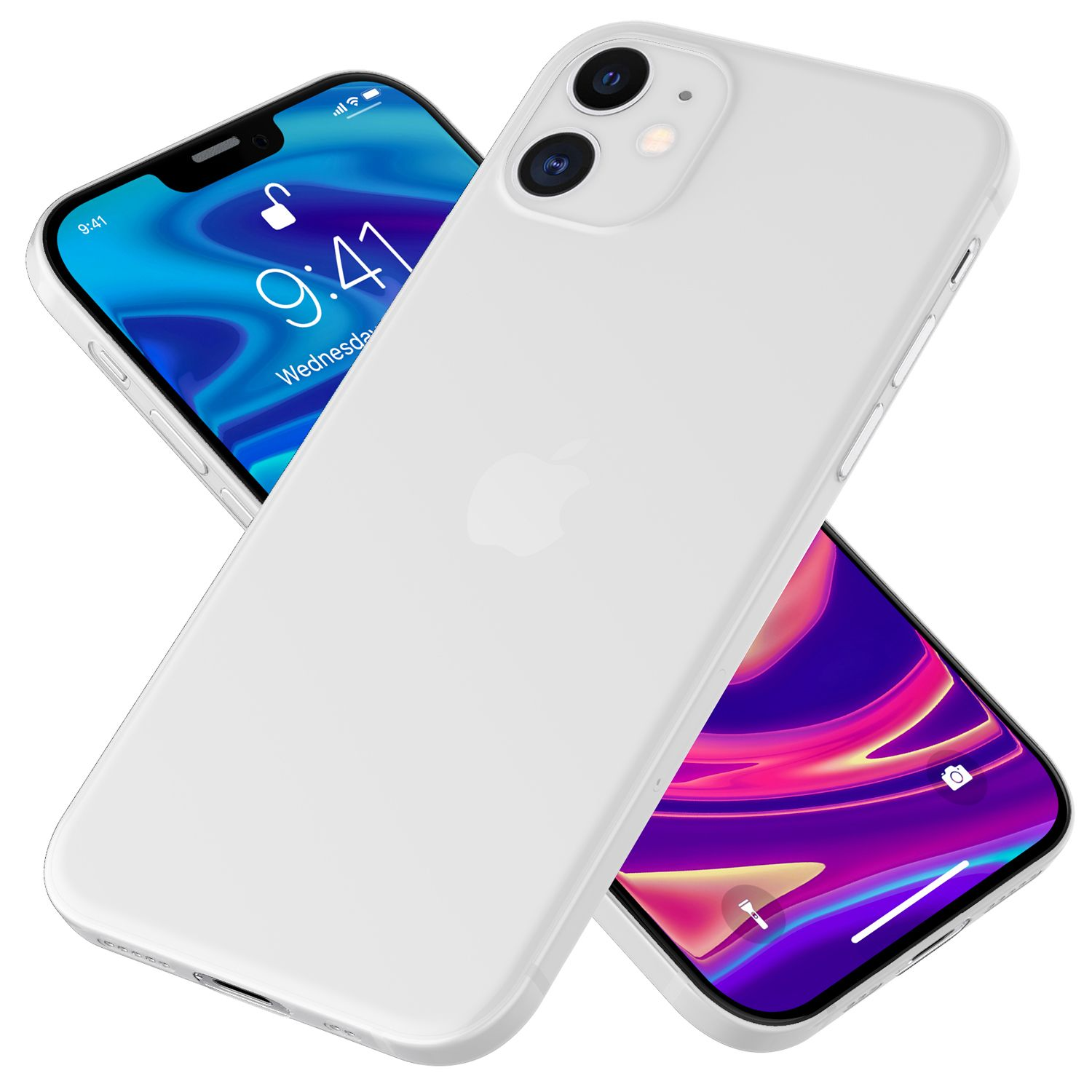 Weißes iPhone mit Schutzhülle. Zwei Telefone werden angezeigt. Eines zeigt den Sperrbildschirm. Das andere Telefon befindet sich im Vordergrund.