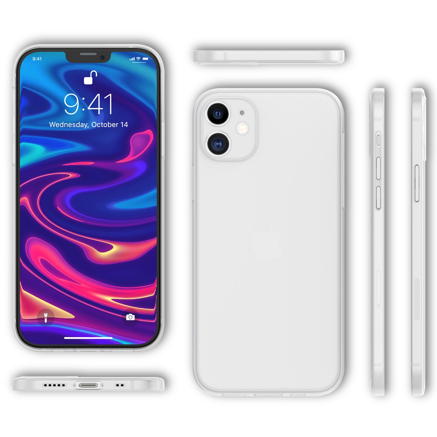 Ein iPhone mit weißer Hülle wird gezeigt. Auf dem Bildschirm werden Uhrzeit und Datum angezeigt. Verschiedene Blickwinkel des Telefons werden angezeigt.