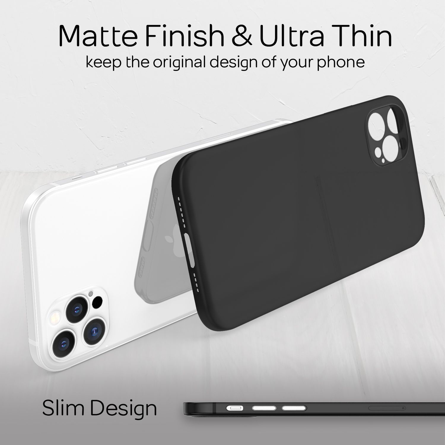 Dos fundas para teléfono: una negra, otra transparente. Texto arriba: 'Matte Finish & Ultra Thin'. Fondo blanco con detalles del teléfono.
