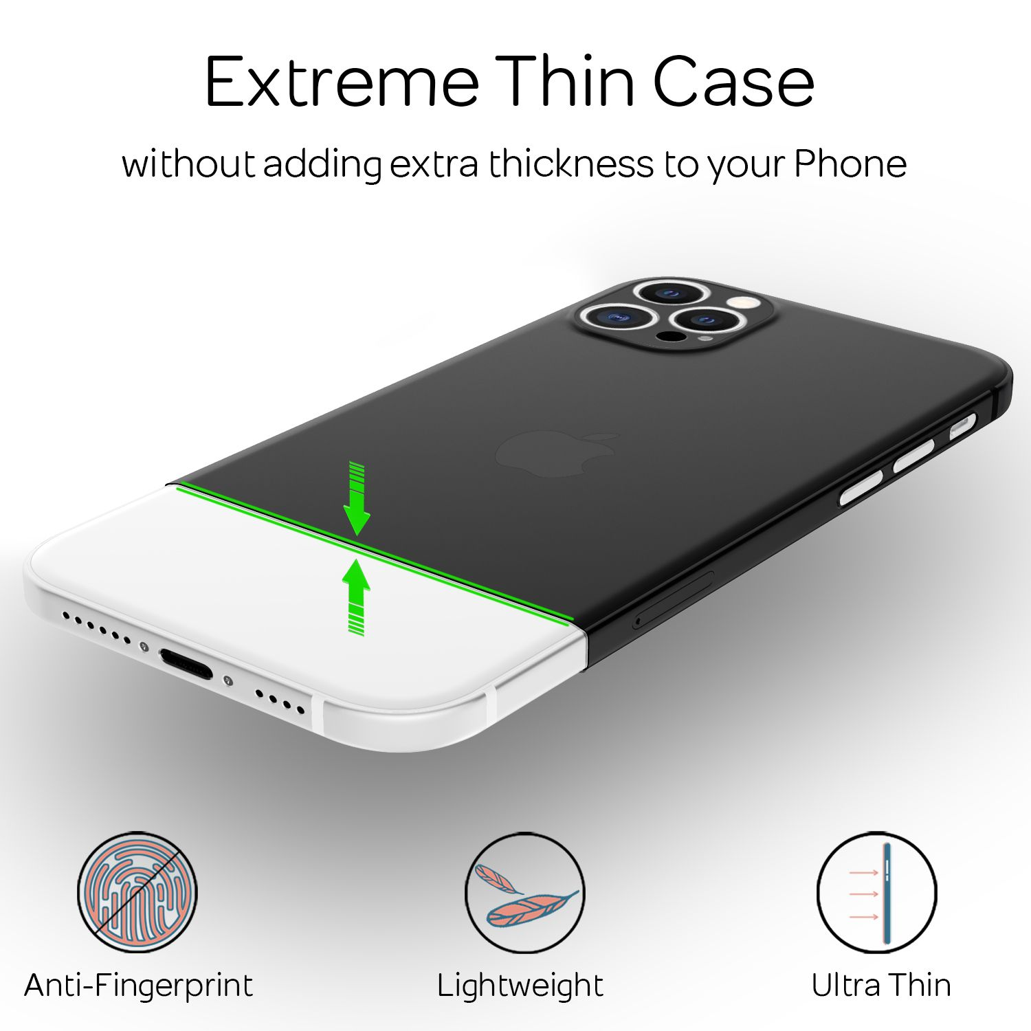Una funda negra con la mitad inferior blanca, flechas verdes e iconos para anti-huellas, ligero y ultra delgado.