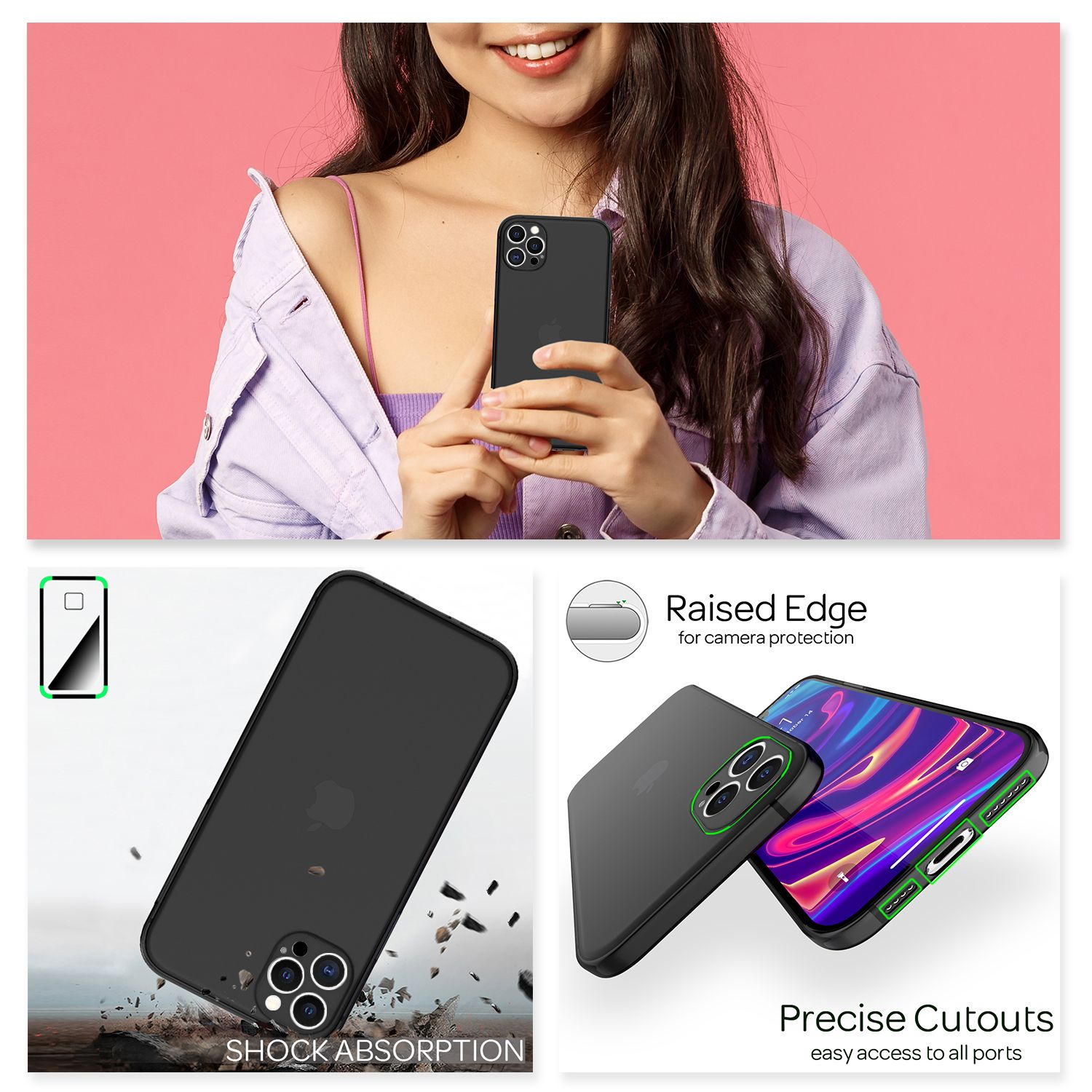 Una mujer sostiene un teléfono negro. La imagen muestra una funda, resaltando la absorción de impactos, bordes elevados y recortes precisos.