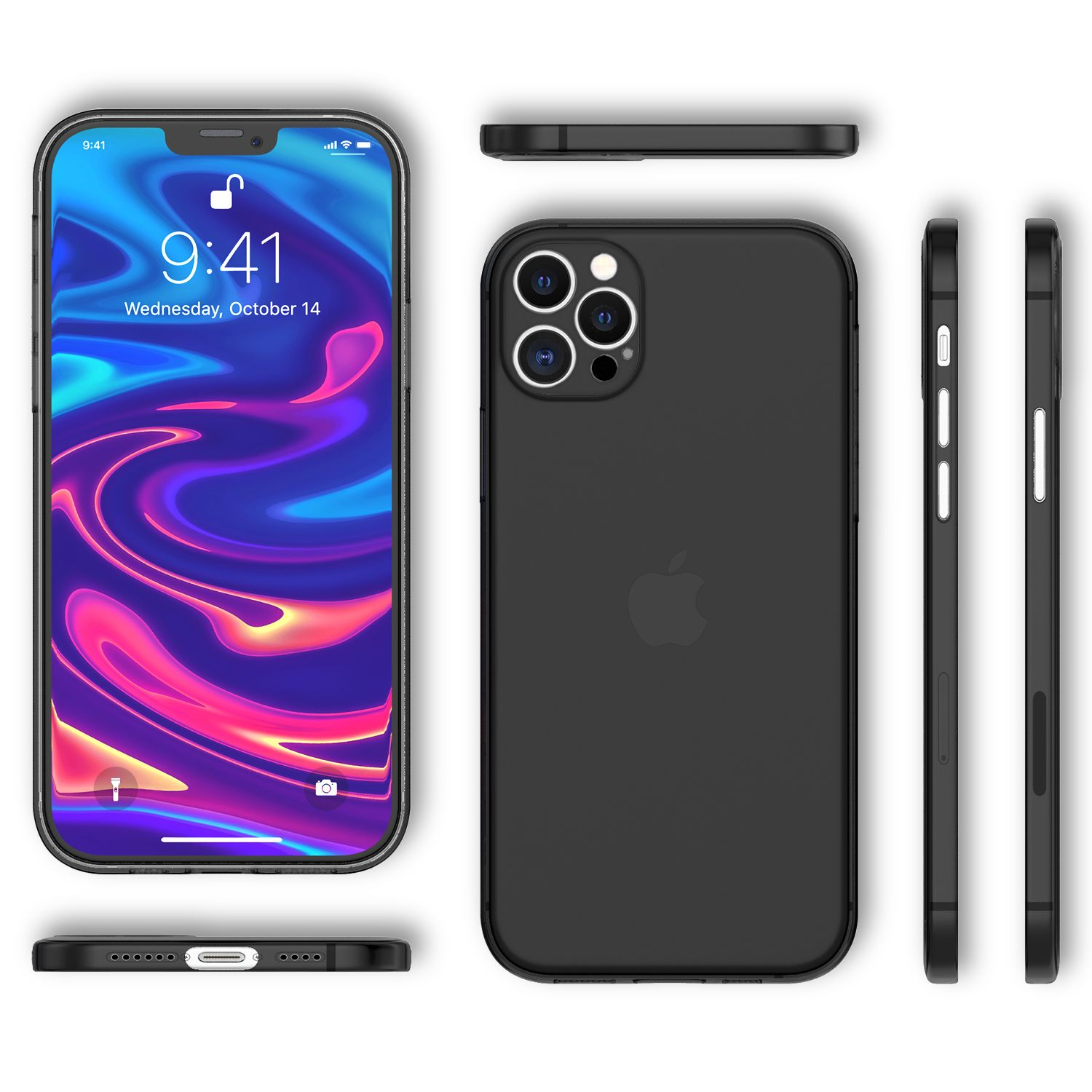 Un iPhone con una funda negra se muestra desde múltiples ángulos. La pantalla muestra la hora y la fecha. El teléfono es negro.