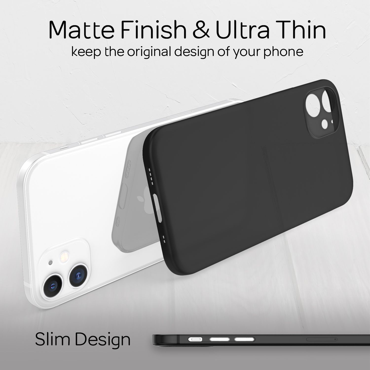 Schwarze Handyhülle, mattes Finish, und eine weiße Handyhülle sind auf einer weißen Oberfläche abgebildet. Text lautet 'Matte Finish & Ultra Thin'.